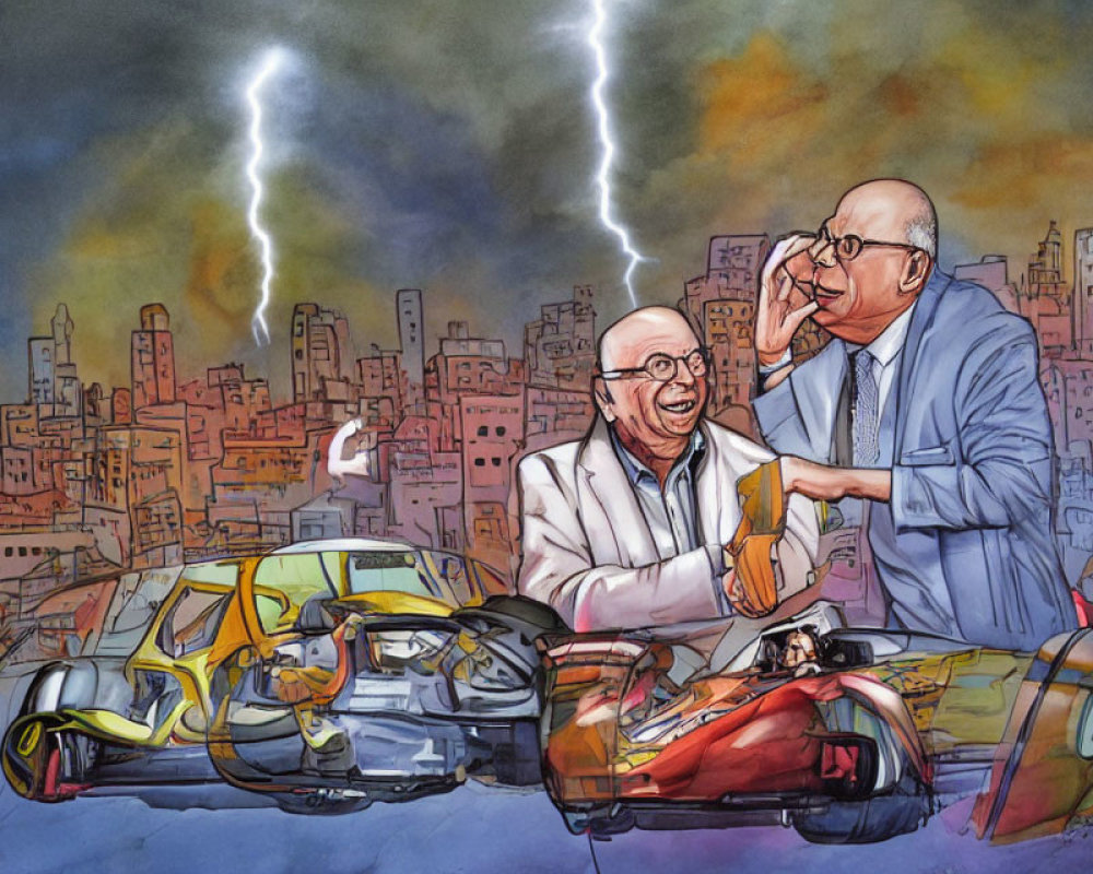 Two men in suits laughing by futuristic car crash in cityscape with lightning.