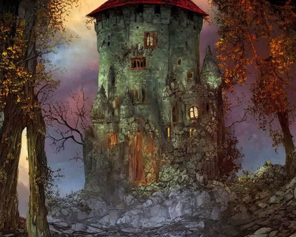 Illustration of ancient stone tower in eerie forest with autumn trees.