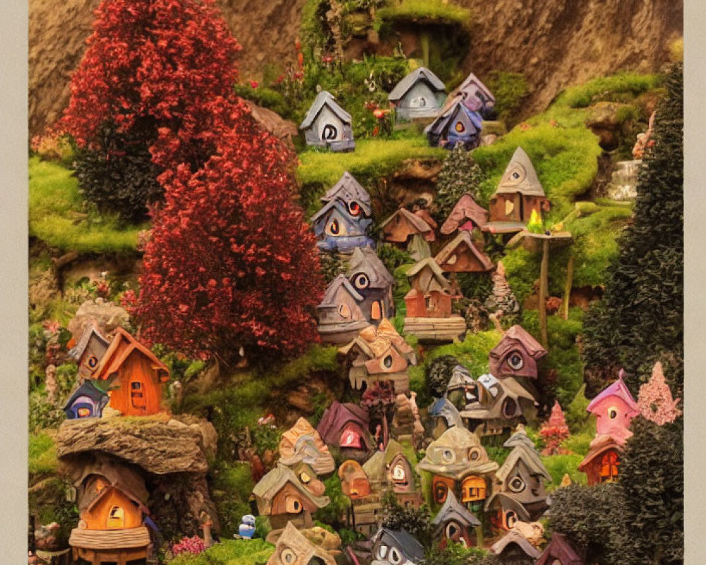 Colorful Miniature Village on Hillside with Fairy-Tale Houses