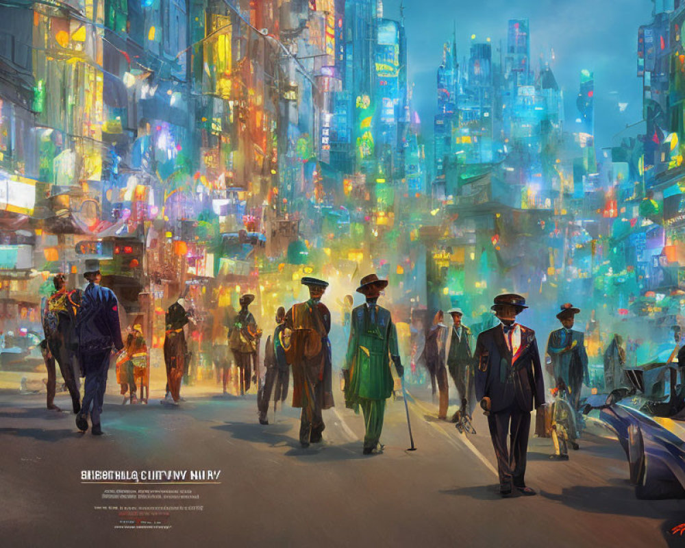Vibrant futuristic city street with holographic ads, diverse pedestrians, and sleek vehicles at twilight