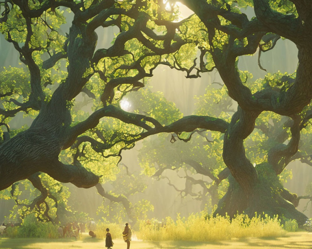 Forest canopy sunlight on field of flowers with two figures wandering beneath intertwined branches