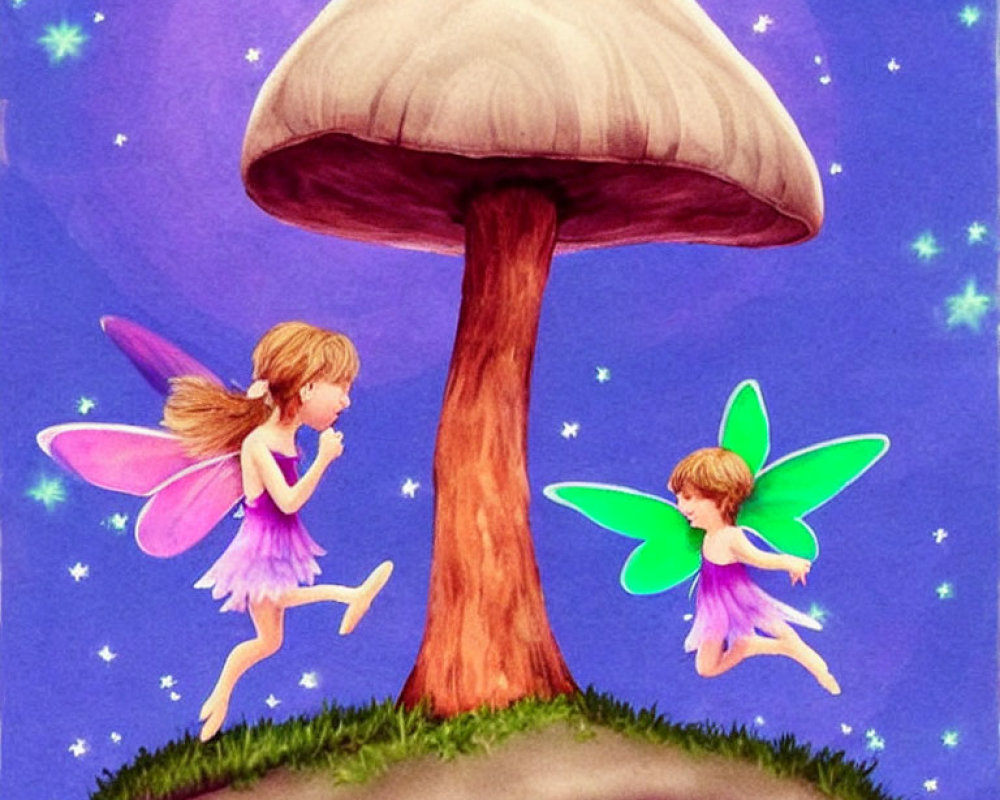 Colorful fairies playing by giant mushroom in fantastical starry setting