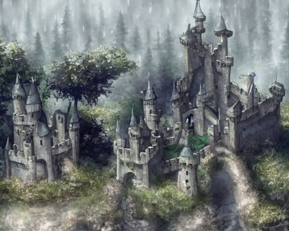 Medieval castle in foggy forest with spires and stone walls