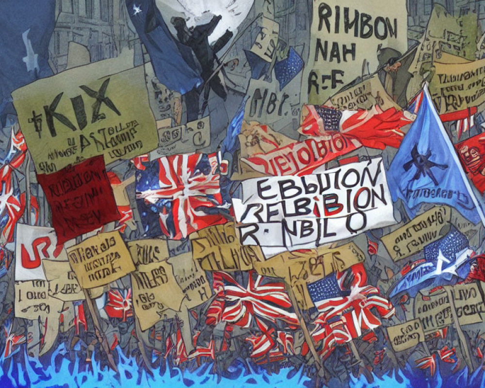 Illustration of dense protest crowd with Union Jack flags in chaotic style