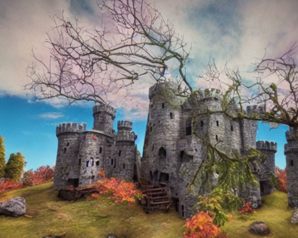 Stone castle with towers in autumnal setting under dramatic sky