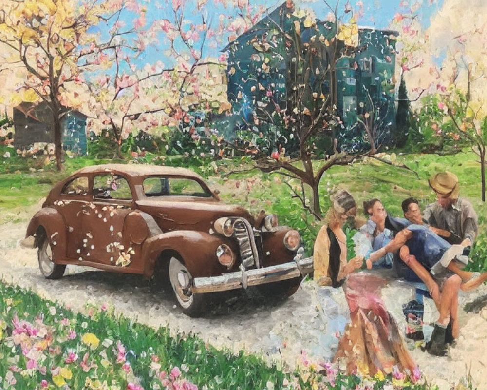 Vintage brown car parked by blossoming tree with family picnic on sunny day