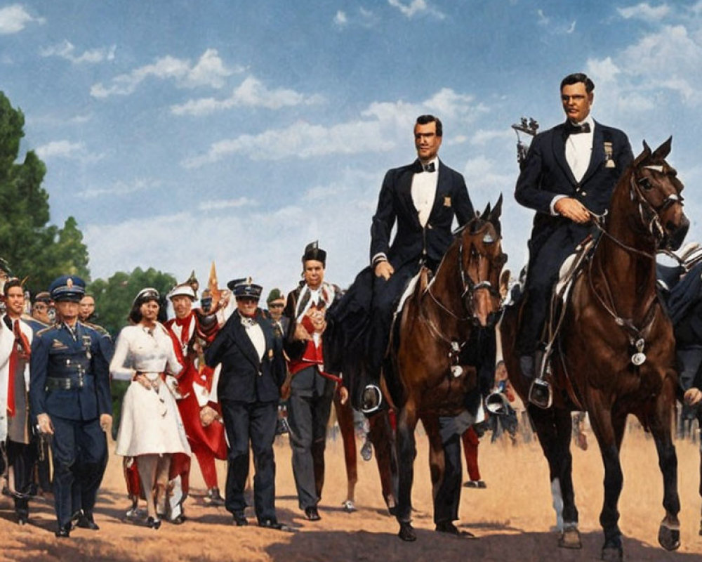 Elegantly Dressed People on Horseback with Military Personnel Observing