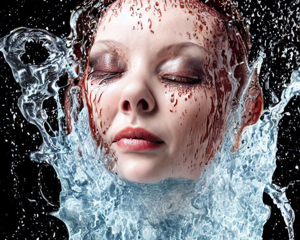 Woman's face in dynamic water splash on dark background