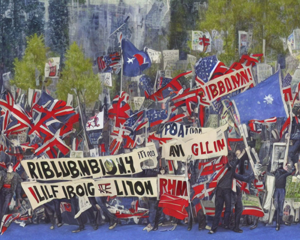 Digitally altered image of crowd with inverted Australian flags and protest signs