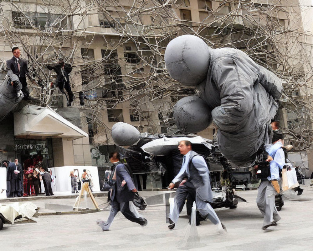 Urban surreal scene with giant balloon-like sculptures and floating figures.