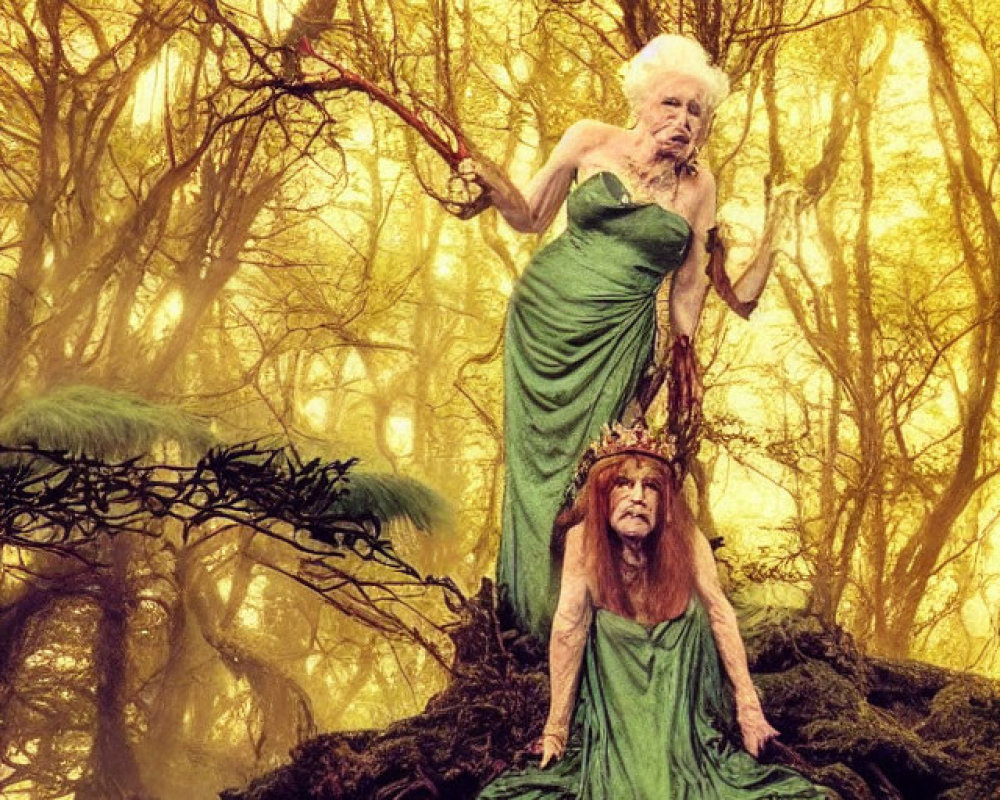 Ethereal women intertwined with a tree in mystical forest