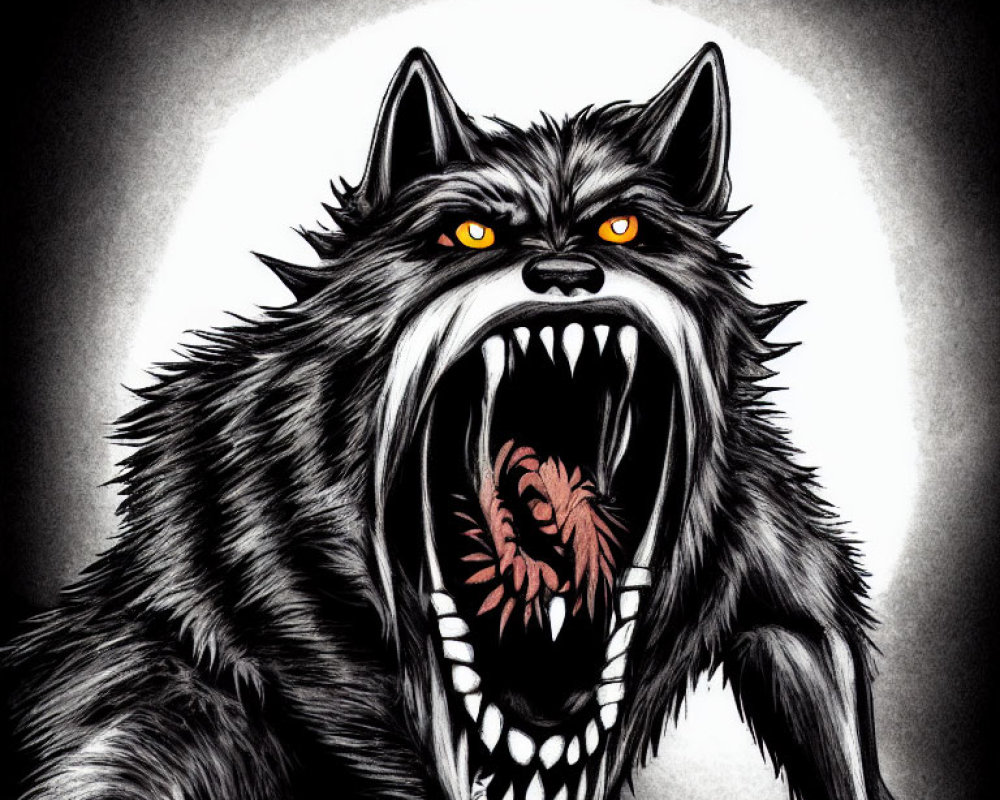 Menacing werewolf with bared teeth and glowing red eyes in dark background