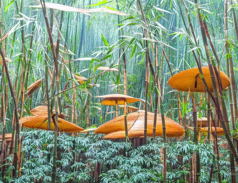 Lush Bamboo Forest with Towering Stalks and Yellow Mushroom-Like Sculptures