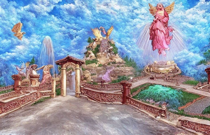 Fantastical landscape with angels, ornate bridge, and waterfall