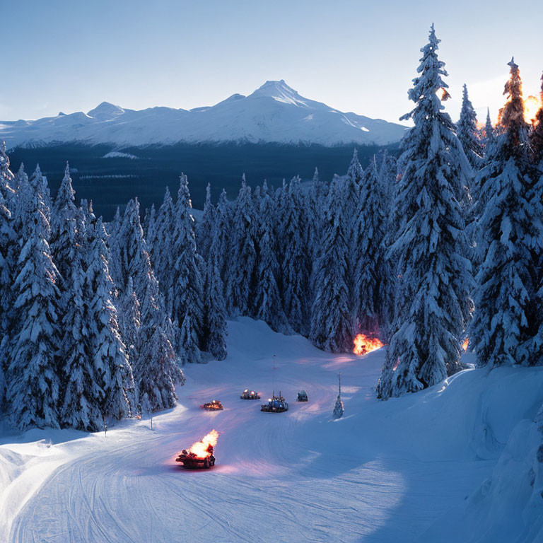 Snowy Dusk Scene: Snowmobiles, Pine Trees, Mountains, Clear Sky