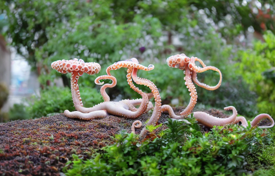 Realistic octopus sculptures with detailed suction cups on mossy surface.