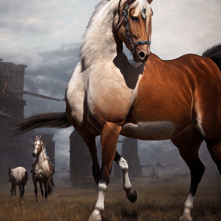 Brown and White Horse in Field with Dilapidated Buildings under Cloudy Sky