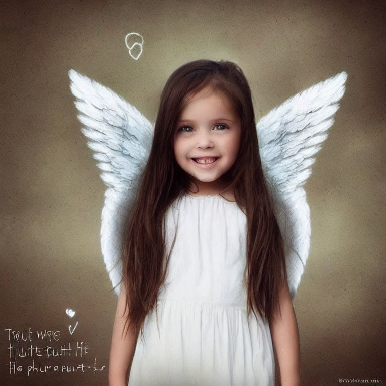 Young girl in white dress with angel wings and pencil annotations on soft background