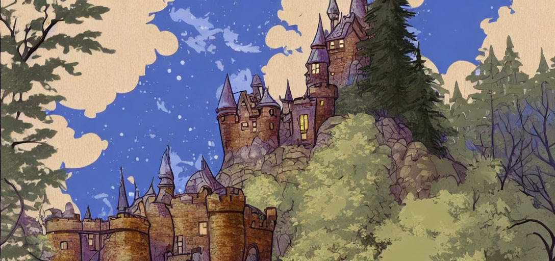 Whimsical castle with spires in lush green landscape at twilight