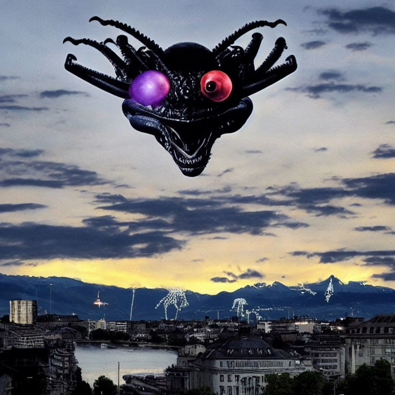 Colorful-eyed creature with tentacles hovers over cityscape at dusk