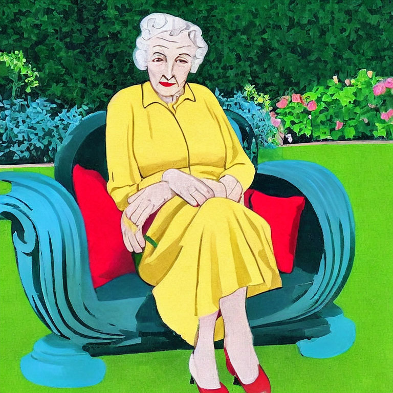 Elderly woman in yellow dress on turquoise sofa surrounded by greenery