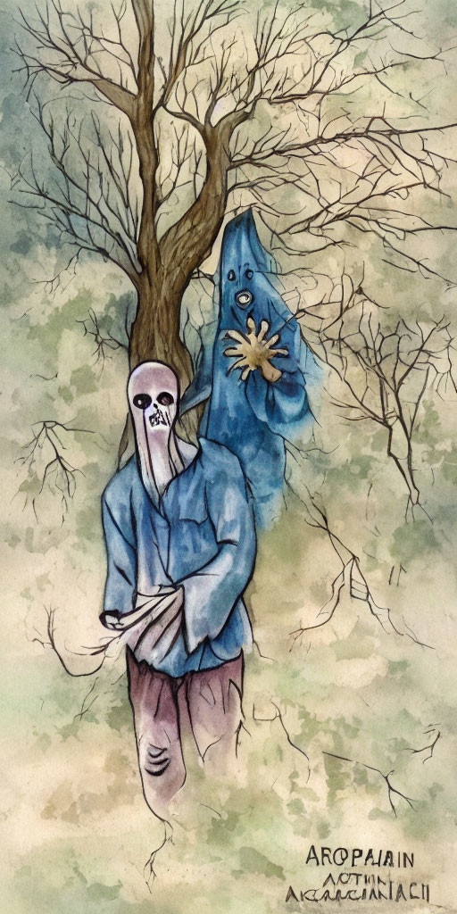 Eerie watercolor painting of skeletal figure and ghostly entity in desolate landscape