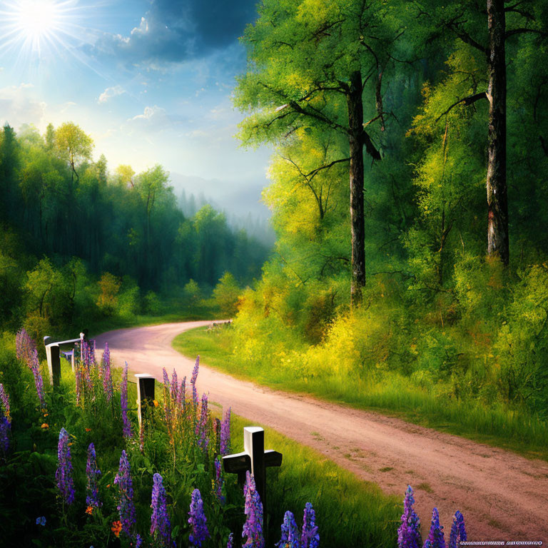 Tranquil forest road with crosses, green trees, sunlight, and wildflowers
