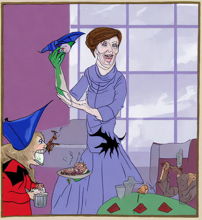 Colorful illustration of woman with green creature, witch, and ghoul at card table in purple room