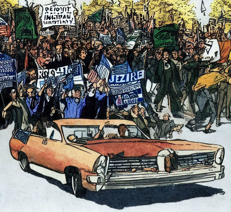 Illustration of vintage car in political protest rally
