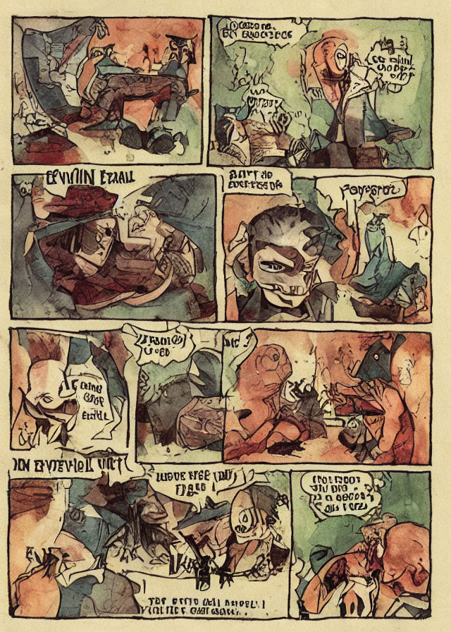 Vintage-style comic strip: fantasy characters in warm tones, dynamic layout.