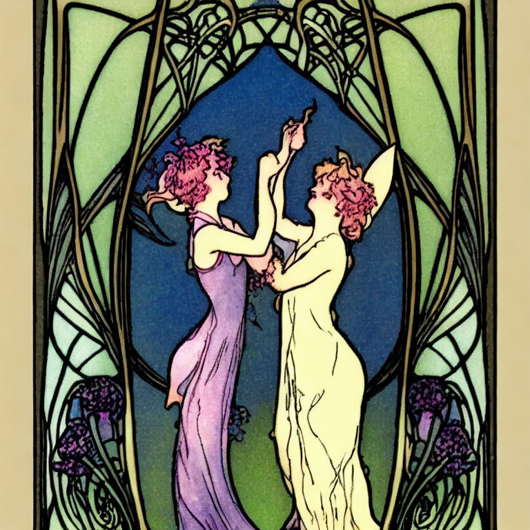 Stylized women in flowing dresses with Art Nouveau floral backdrop