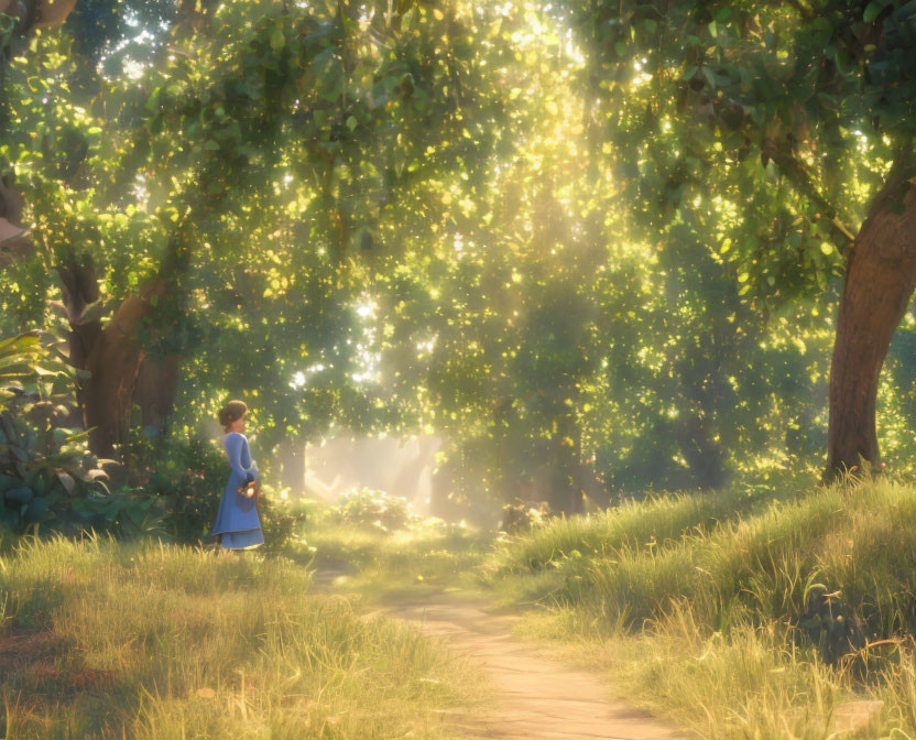 Girl in Blue Dress Walking through Sunlit Forest Path