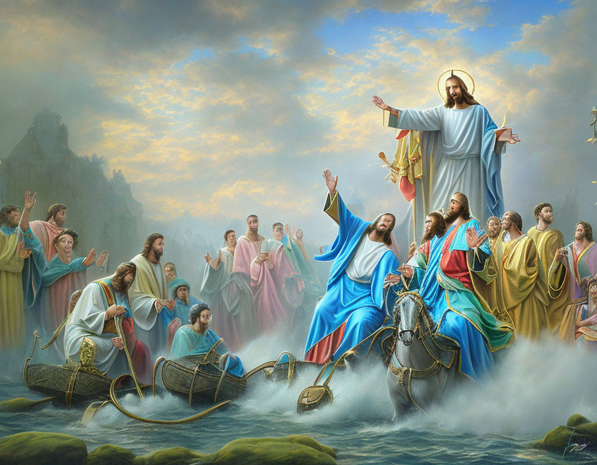 Biblical painting of Jesus and disciples on a boat under heavenly light