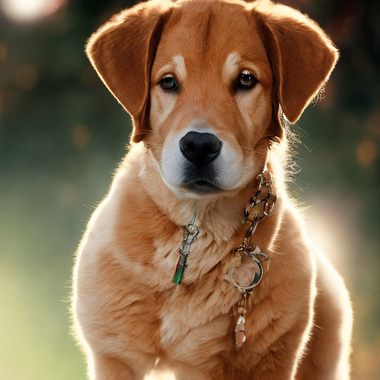 Brown dog with soulful expression wearing collar on green background