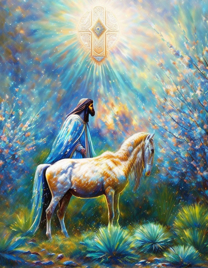 Figure in Blue Cloak Stands with White Horse in Sunlit Scene