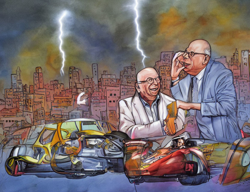 Two men in suits laughing by futuristic car crash in cityscape with lightning.