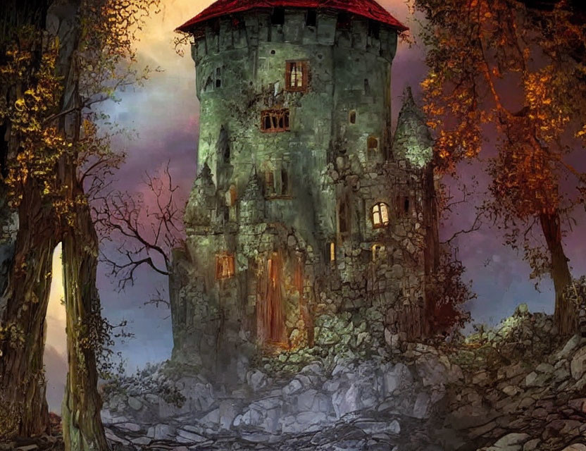 Illustration of ancient stone tower in eerie forest with autumn trees.