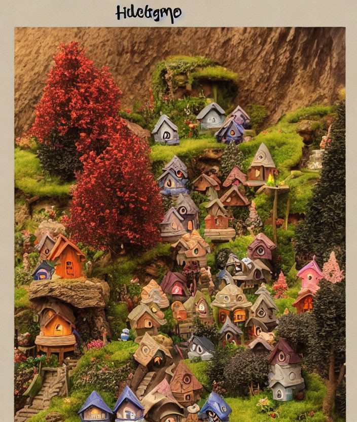 Colorful Miniature Village on Hillside with Fairy-Tale Houses