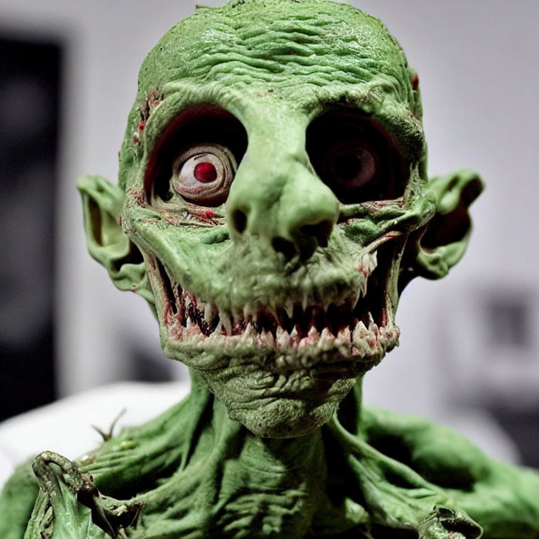 Realistic Green-Skinned Zombie Model with Sharp Teeth in Dimly Lit Scene