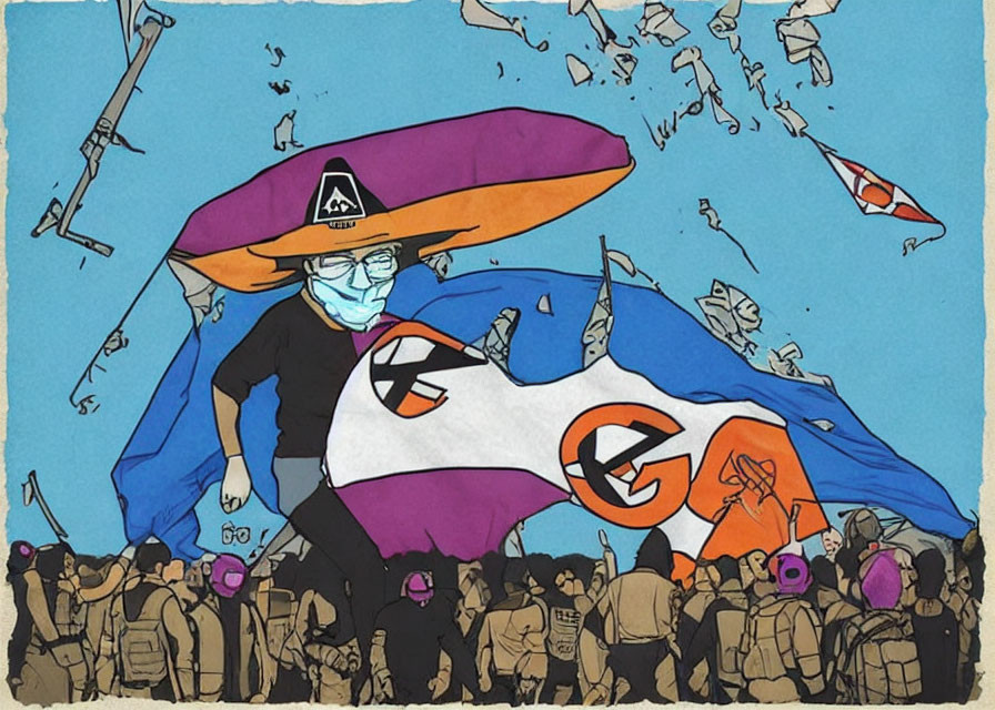 Illustration of masked person with flag in protest scene