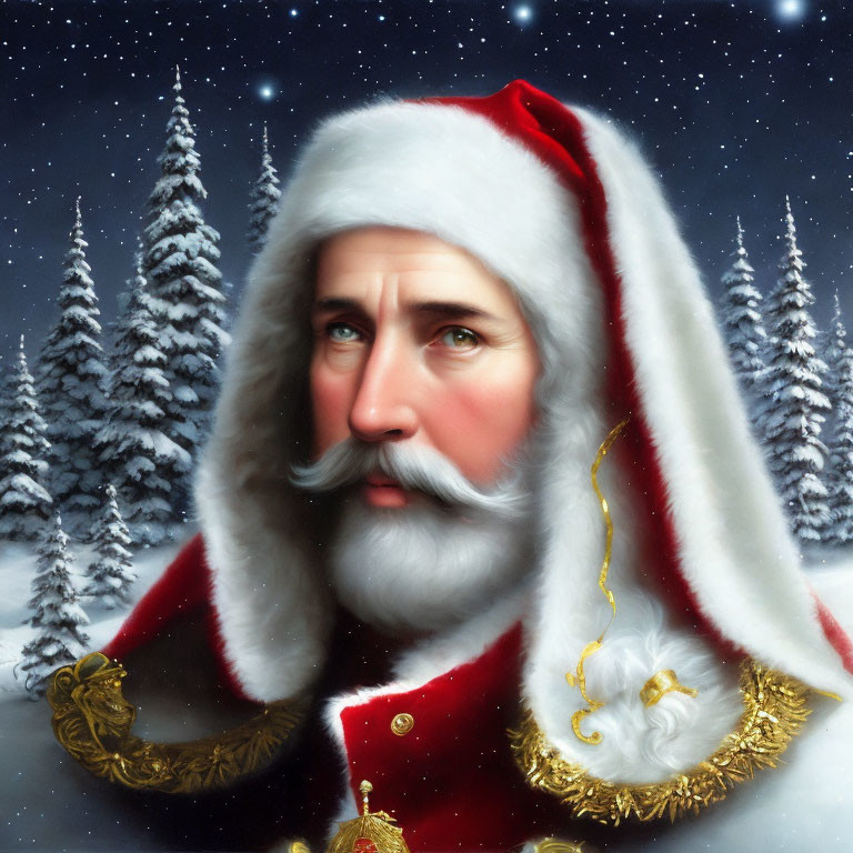 Solemn Santa Claus portrait with snowy forest backdrop