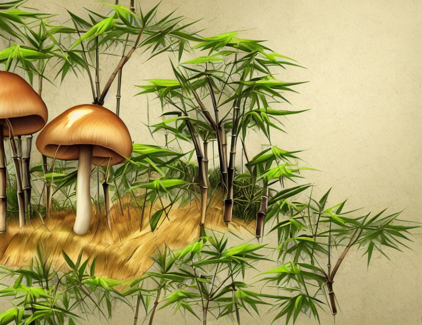 Two Mushrooms with Bamboo on Beige Background