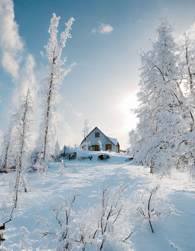 Snowy Winter Landscape with Small House and Sun Peeking Out