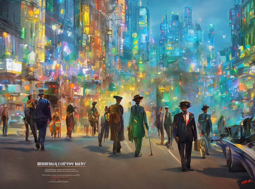Vibrant futuristic city street with holographic ads, diverse pedestrians, and sleek vehicles at twilight