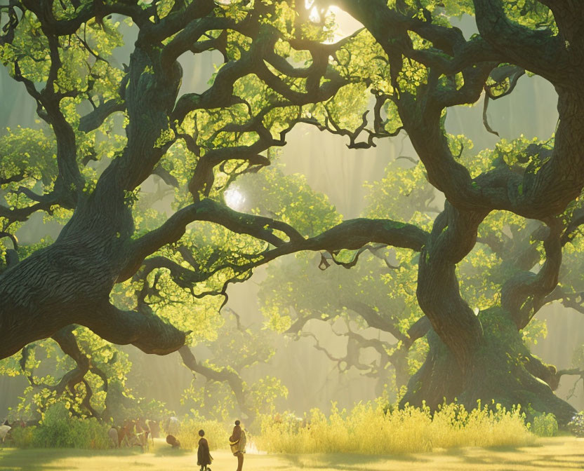 Forest canopy sunlight on field of flowers with two figures wandering beneath intertwined branches