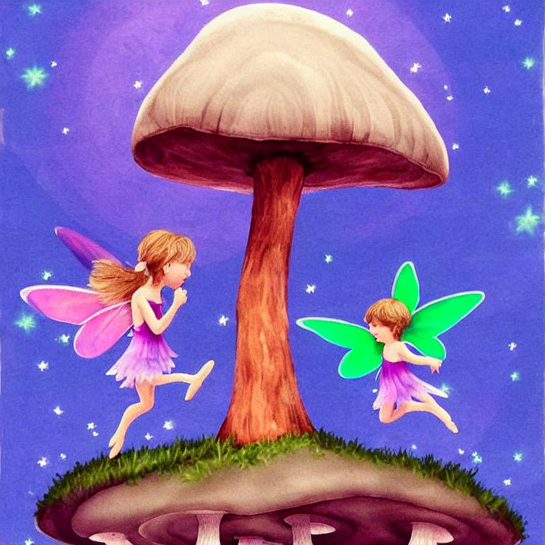 Colorful fairies playing by giant mushroom in fantastical starry setting