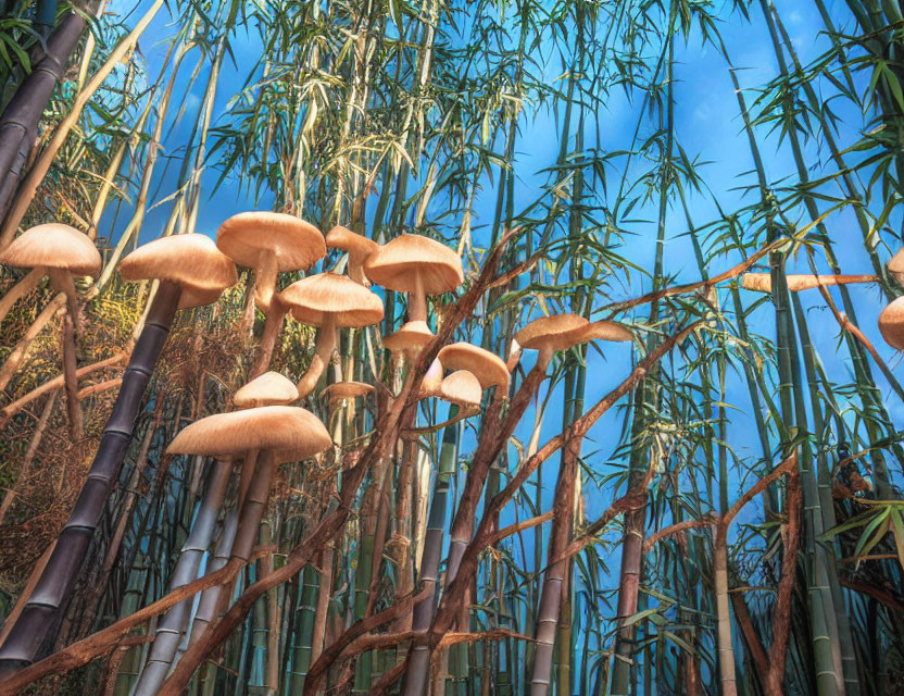 Mushrooms cluster with bamboo and lush leaves in serene woodland.