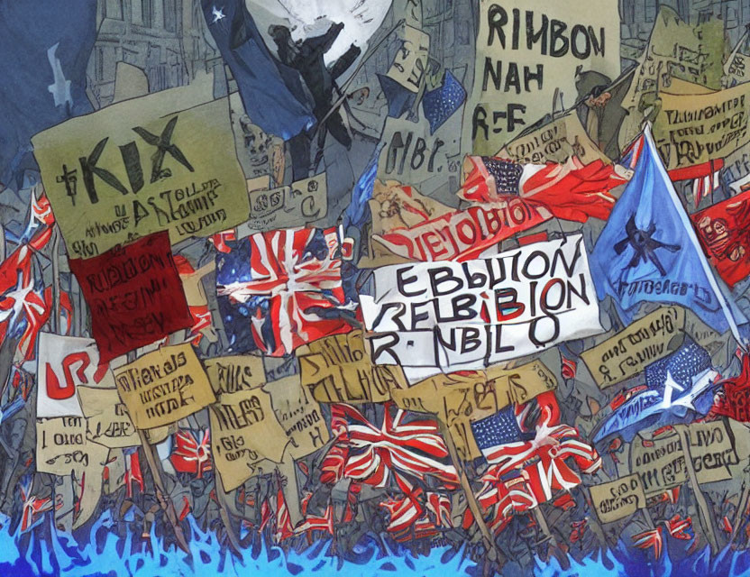 Illustration of dense protest crowd with Union Jack flags in chaotic style