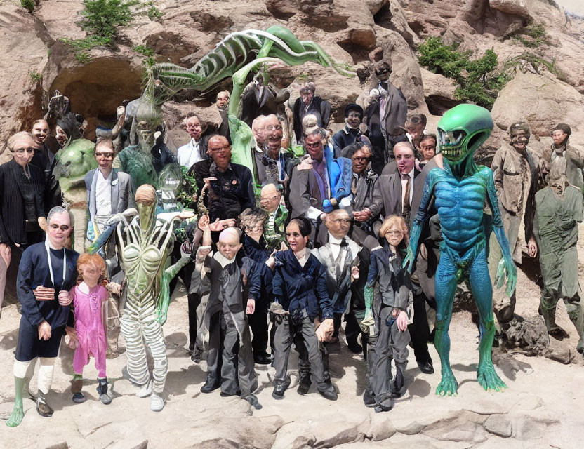 Sci-fi costumed group with alien statues in rocky outdoor scene