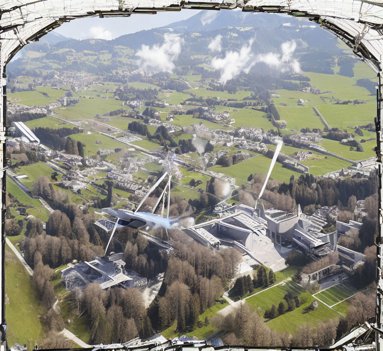 Countryside landscape with buildings, roads, trees, and river from airplane window